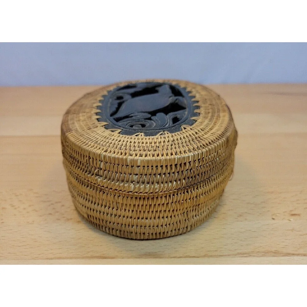 Turtle Carved Wooden Woven Rattan Basket with Lid Wood Base Trinket Box 6.5”